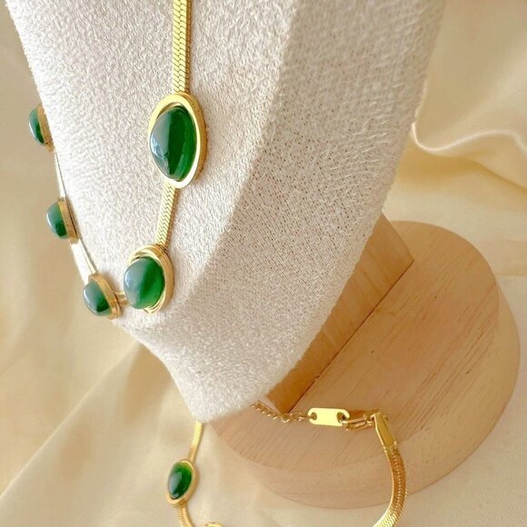 18K Gold Plated green Emerald Necklace SET Stainless Steel womens jewelry green - Picture 7 of 13